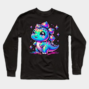 Baby Stegosaurus Cute Neon Kawaii Dino Chibi Long Sleeve T-Shirt